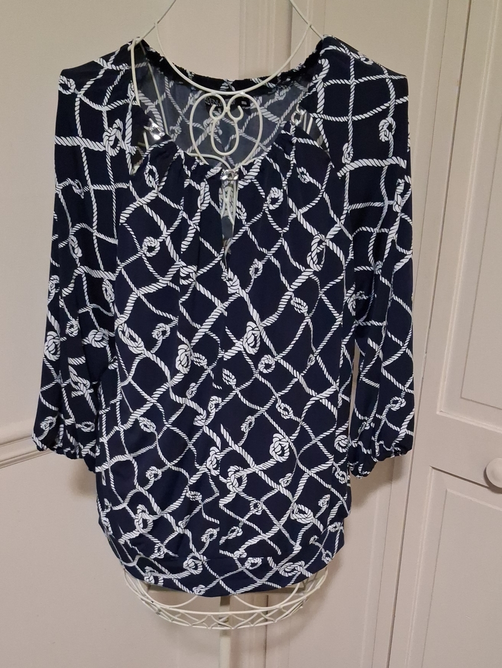 Navy Rope-Print 3/4 Sleeve Blouse